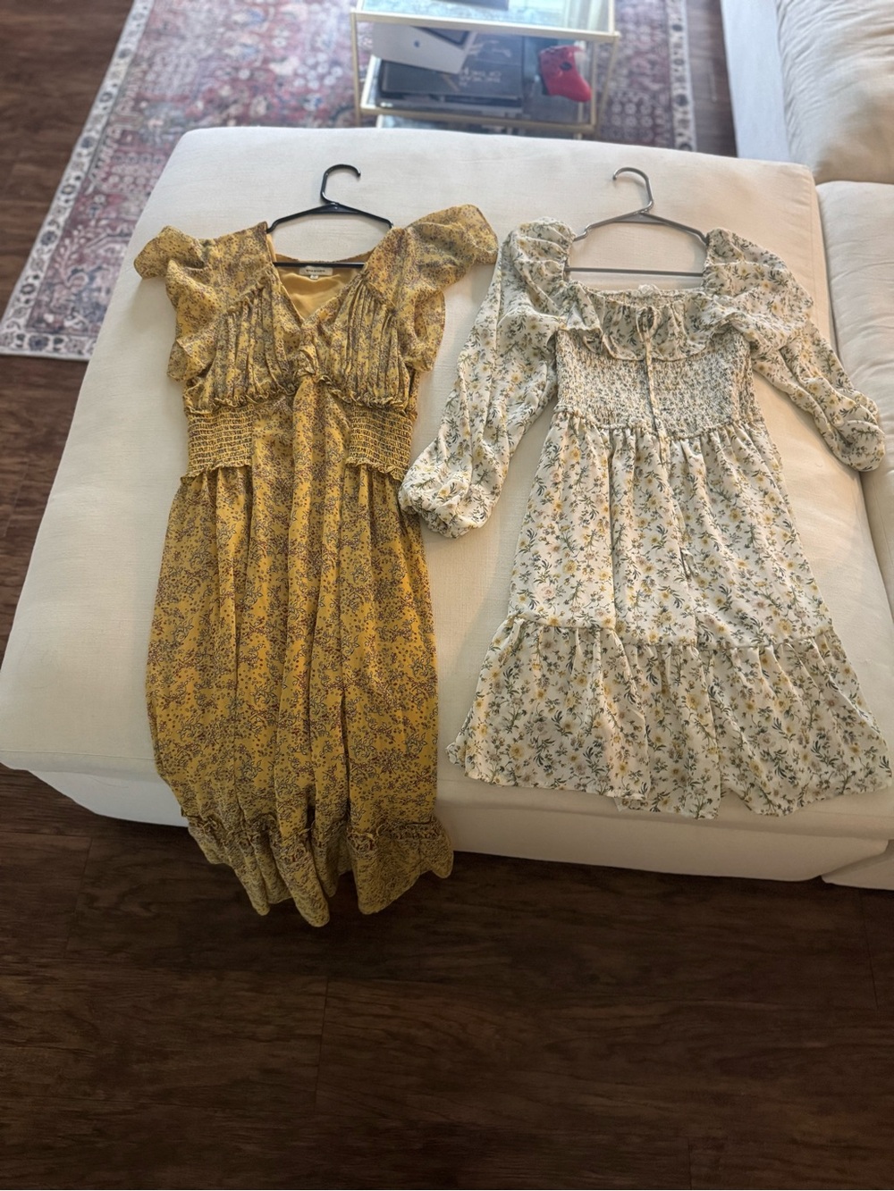 Two Floral Ruffle Midi Dresses - Yellow and Cream